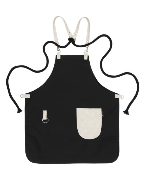 Μαύρη Ποδιά Unisex Barista Στηθούρι - Από Καμβά Ύφασμα & Μπεζ Στρογγυλή Vegan Leather Τσέπη