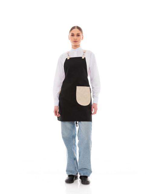 Μαύρη Ποδιά Unisex Barista Στηθούρι - Από Καμβά Ύφασμα & Μπεζ Στρογγυλή Vegan Leather Τσέπη