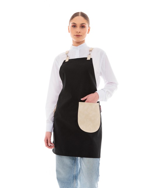 Μαύρη Ποδιά Unisex Barista Στηθούρι - Από Καμβά Ύφασμα & Μπεζ Στρογγυλή Vegan Leather Τσέπη