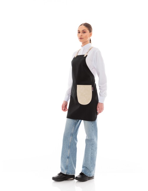 Μαύρη Ποδιά Unisex Barista Στηθούρι - Από Καμβά Ύφασμα & Μπεζ Στρογγυλή Vegan Leather Τσέπη