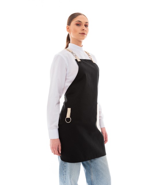 Μαύρη Ποδιά Unisex Barista Στηθούρι - Από Καμβά Ύφασμα & Μπεζ Στρογγυλή Vegan Leather Τσέπη