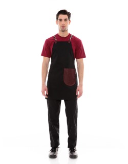 Μαύρη Ποδιά Unisex Barista Στηθούρι - Από Καμβά Ύφασμα & Μπορντό Στρογγυλή Vegan Leather Τσέπη