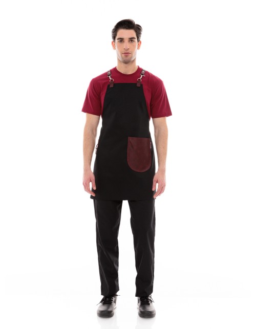 Μαύρη Ποδιά Unisex Barista Στηθούρι - Από Καμβά Ύφασμα & Μπορντό Στρογγυλή Vegan Leather Τσέπη