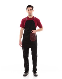 Μαύρη Ποδιά Unisex Barista Στηθούρι - Από Καμβά Ύφασμα & Μπορντό Στρογγυλή Vegan Leather Τσέπη