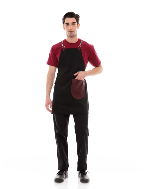 Μαύρη Ποδιά Unisex Barista Στηθούρι - Από Καμβά Ύφασμα & Μπορντό Στρογγυλή Vegan Leather Τσέπη