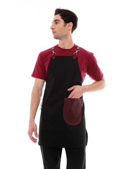 Μαύρη Ποδιά Unisex Barista Στηθούρι - Από Καμβά Ύφασμα & Μπορντό Στρογγυλή Vegan Leather Τσέπη