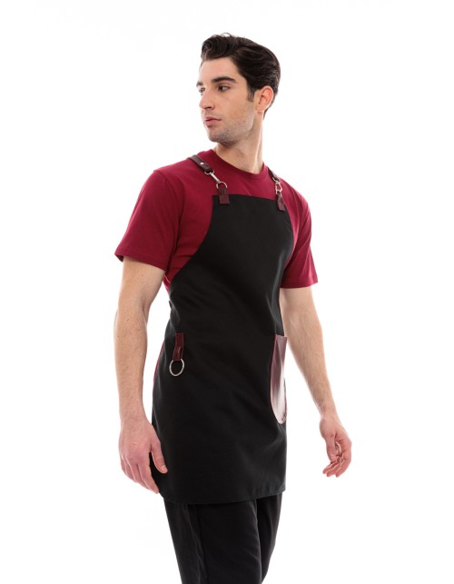 Μαύρη Ποδιά Unisex Barista Στηθούρι - Από Καμβά Ύφασμα & Μπορντό Στρογγυλή Vegan Leather Τσέπη