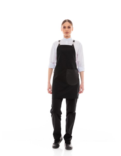 Μαύρη Ποδιά Unisex Barista Στηθούρι - Από Καμβά Ύφασμα & Μαύρη Στρογγυλή Vegan Leather Τσέπη
