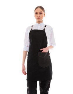 Μαύρη Ποδιά Unisex Barista Στηθούρι - Από Καμβά Ύφασμα & Μαύρη Στρογγυλή Vegan Leather Τσέπη