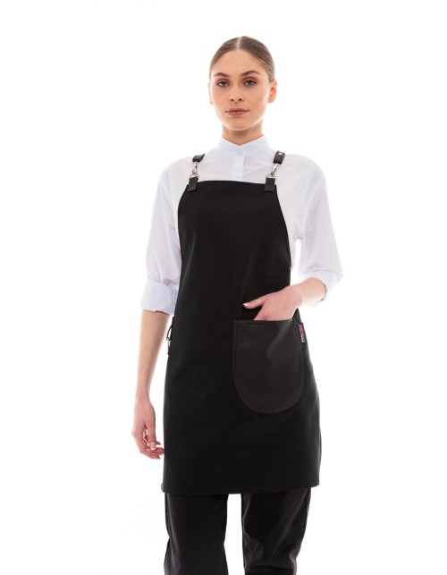 Μαύρη Ποδιά Unisex Barista Στηθούρι - Από Καμβά Ύφασμα & Μαύρη Στρογγυλή Vegan Leather Τσέπη
