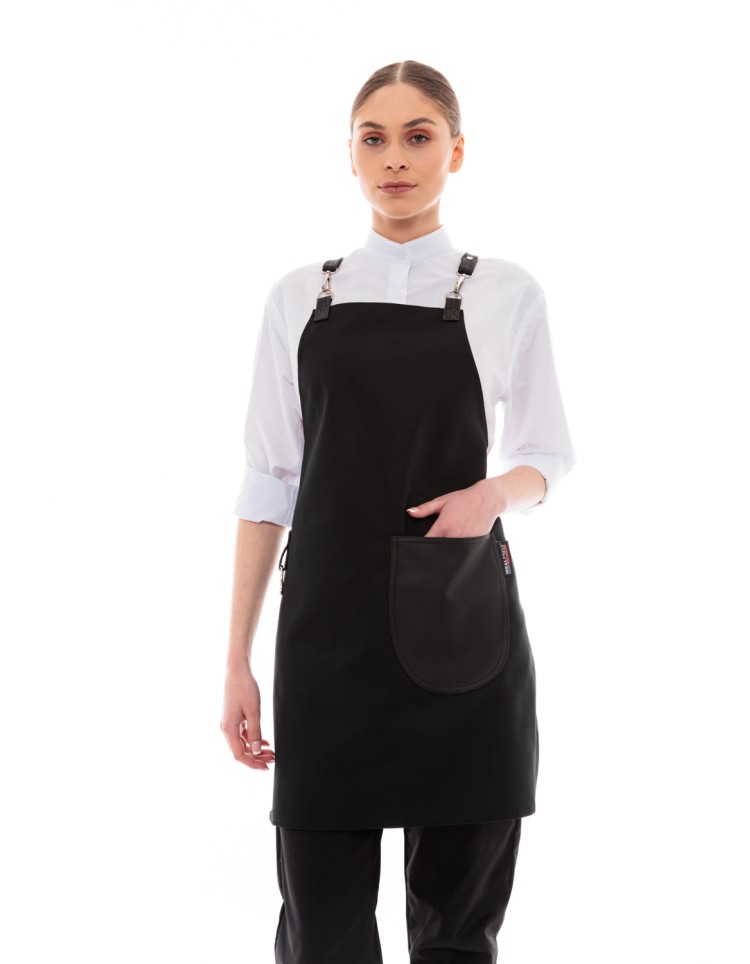 Μαύρη Ποδιά Unisex Barista Στηθούρι - Από Καμβά Ύφασμα & Μαύρη Στρογγυλή Vegan Leather Τσέπη
