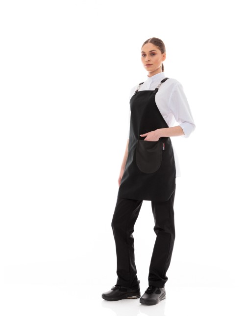 Μαύρη Ποδιά Unisex Barista Στηθούρι - Από Καμβά Ύφασμα & Μαύρη Στρογγυλή Vegan Leather Τσέπη