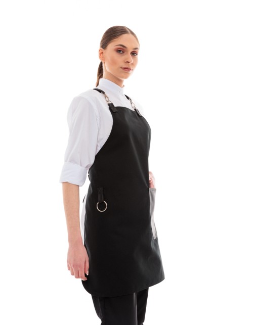 Μαύρη Ποδιά Unisex Barista Στηθούρι - Από Καμβά Ύφασμα & Μαύρη Στρογγυλή Vegan Leather Τσέπη