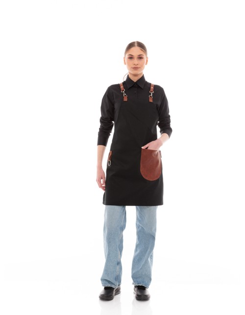 Μαύρη Ποδιά Unisex Barista Στηθούρι - Από Καμβά Ύφασμα & Ταμπά Στρογγυλή Vegan Leather Τσέπη