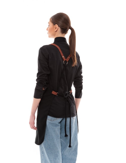 Μαύρη Ποδιά Unisex Barista Στηθούρι - Από Καμβά Ύφασμα & Ταμπά Στρογγυλή Vegan Leather Τσέπη