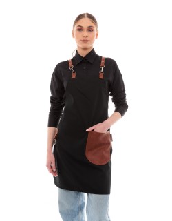Μαύρη Ποδιά Unisex Barista Στηθούρι - Από Καμβά Ύφασμα & Ταμπά Στρογγυλή Vegan Leather Τσέπη