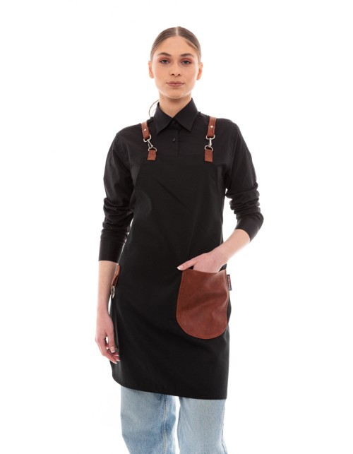 Μαύρη Ποδιά Unisex Barista Στηθούρι - Από Καμβά Ύφασμα & Ταμπά Στρογγυλή Vegan Leather Τσέπη