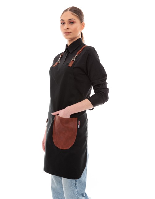 Μαύρη Ποδιά Unisex Barista Στηθούρι - Από Καμβά Ύφασμα & Ταμπά Στρογγυλή Vegan Leather Τσέπη