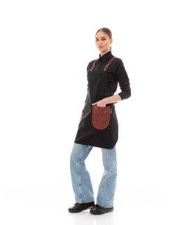 Μαύρη Ποδιά Unisex Barista Στηθούρι - Από Καμβά Ύφασμα & Ταμπά Στρογγυλή Vegan Leather Τσέπη