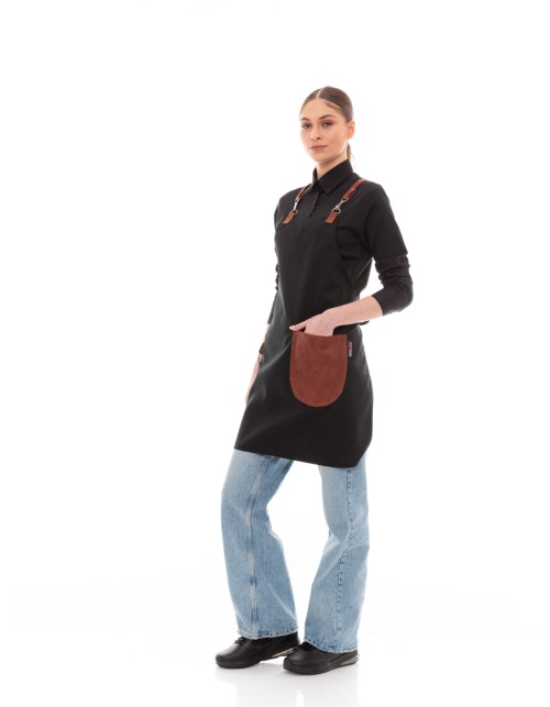 Μαύρη Ποδιά Unisex Barista Στηθούρι - Από Καμβά Ύφασμα & Ταμπά Στρογγυλή Vegan Leather Τσέπη