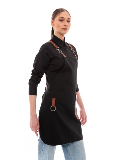 Μαύρη Ποδιά Unisex Barista Στηθούρι - Από Καμβά Ύφασμα & Ταμπά Στρογγυλή Vegan Leather Τσέπη