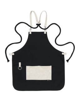 Μαύρη Ποδιά Unisex Barista Στηθούρι - Από Καμβά Ύφασμα & Μπεζ Τετράγωνη Vegan Leather Τσέπη