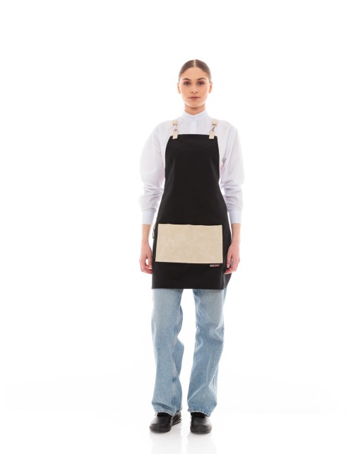 Μαύρη Ποδιά Unisex Barista Στηθούρι - Από Καμβά Ύφασμα & Μπεζ Τετράγωνη Vegan Leather Τσέπη