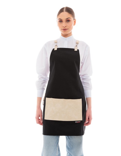 Μαύρη Ποδιά Unisex Barista Στηθούρι - Από Καμβά Ύφασμα & Μπεζ Τετράγωνη Vegan Leather Τσέπη