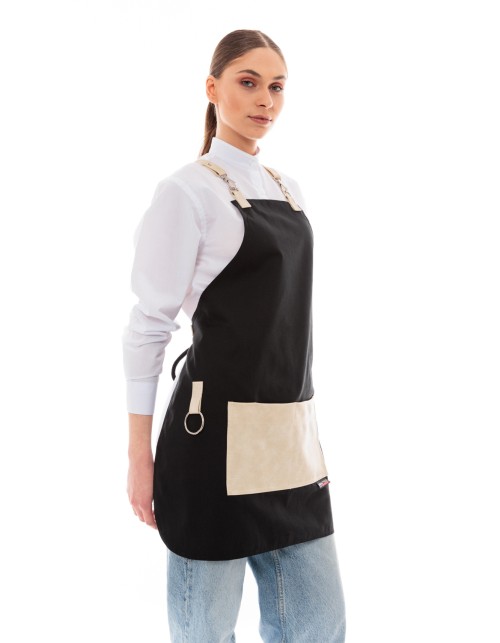 Μαύρη Ποδιά Unisex Barista Στηθούρι - Από Καμβά Ύφασμα & Μπεζ Τετράγωνη Vegan Leather Τσέπη