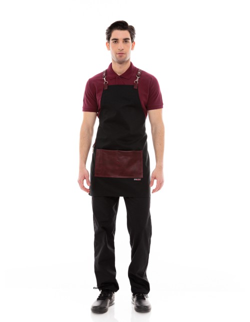 Μαύρη Ποδιά Unisex Barista Στηθούρι - Από Καμβά Ύφασμα & Μπορντό Τετράγωνη Vegan Leather Τσέπη