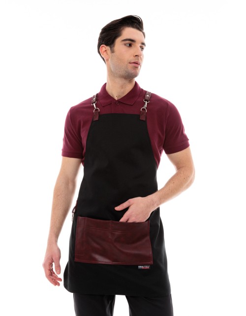 Μαύρη Ποδιά Unisex Barista Στηθούρι - Από Καμβά Ύφασμα & Μπορντό Τετράγωνη Vegan Leather Τσέπη