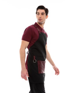 Μαύρη Ποδιά Unisex Barista Στηθούρι - Από Καμβά Ύφασμα & Μπορντό Τετράγωνη Vegan Leather Τσέπη