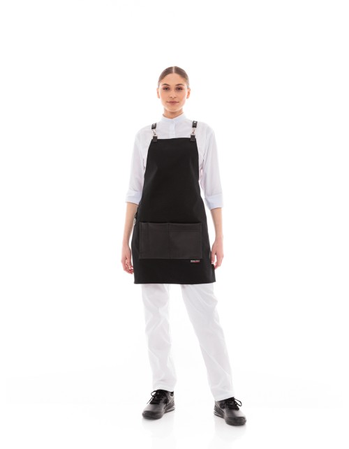 Μαύρη Ποδιά Unisex Barista Στηθούρι - Από Καμβά Ύφασμα & Μαύρη Τετράγωνη Vegan Leather Τσέπη
