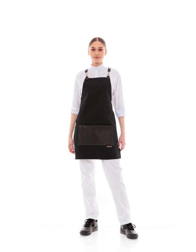 Μαύρη Ποδιά Unisex Barista Στηθούρι - Από Καμβά Ύφασμα & Μαύρη Τετράγωνη Vegan Leather Τσέπη