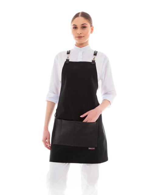 Μαύρη Ποδιά Unisex Barista Στηθούρι - Από Καμβά Ύφασμα & Μαύρη Τετράγωνη Vegan Leather Τσέπη