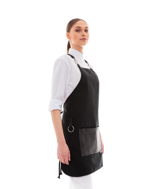 Μαύρη Ποδιά Unisex Barista Στηθούρι - Από Καμβά Ύφασμα & Μαύρη Τετράγωνη Vegan Leather Τσέπη