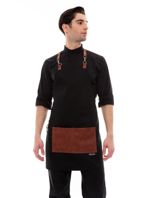 Μαύρη Ποδιά Unisex Barista Στηθούρι - Από Καμβά Ύφασμα & Ταμπά Τετράγωνη Vegan Leather Τσέπη