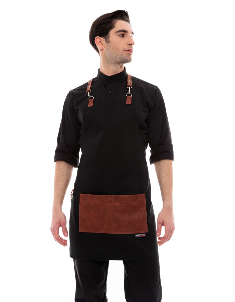 Μαύρη Ποδιά Unisex Barista Στηθούρι - Από Καμβά Ύφασμα & Ταμπά Τετράγωνη Vegan Leather Τσέπη