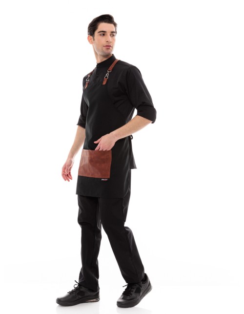 Μαύρη Ποδιά Unisex Barista Στηθούρι - Από Καμβά Ύφασμα & Ταμπά Τετράγωνη Vegan Leather Τσέπη