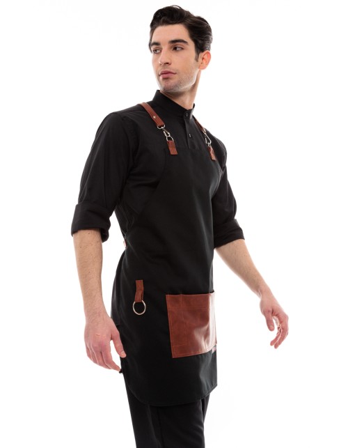 Μαύρη Ποδιά Unisex Barista Στηθούρι - Από Καμβά Ύφασμα & Ταμπά Τετράγωνη Vegan Leather Τσέπη