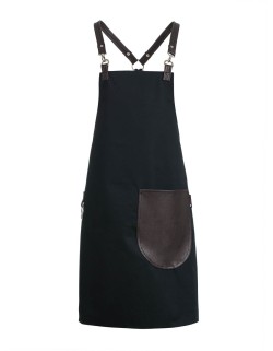 Μαύρη Ποδιά Unisex Barista Στηθούρι - Από Καμβά Ύφασμα & Καφέ Στρογγυλή Vegan Leather Τσέπη