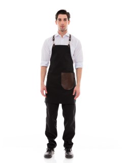 Μαύρη Ποδιά Unisex Barista Στηθούρι - Από Καμβά Ύφασμα & Καφέ Στρογγυλή Vegan Leather Τσέπη