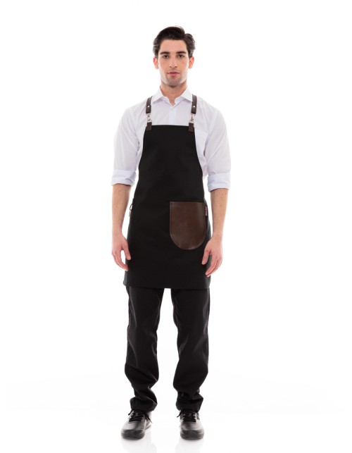 Μαύρη Ποδιά Unisex Barista Στηθούρι - Από Καμβά Ύφασμα & Καφέ Στρογγυλή Vegan Leather Τσέπη