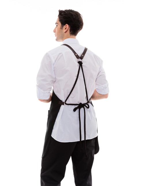 Μαύρη Ποδιά Unisex Barista Στηθούρι - Από Καμβά Ύφασμα & Καφέ Στρογγυλή Vegan Leather Τσέπη
