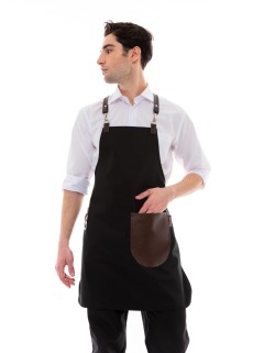 Μαύρη Ποδιά Unisex Barista Στηθούρι - Από Καμβά Ύφασμα & Καφέ Στρογγυλή Vegan Leather Τσέπη