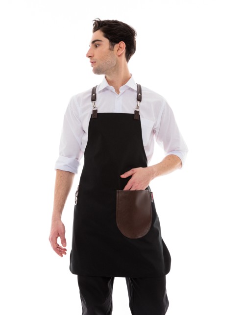 Μαύρη Ποδιά Unisex Barista Στηθούρι - Από Καμβά Ύφασμα & Καφέ Στρογγυλή Vegan Leather Τσέπη