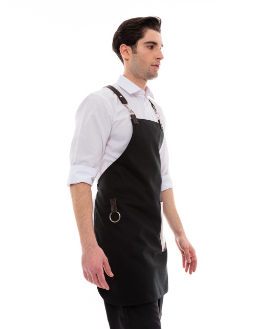 Μαύρη Ποδιά Unisex Barista Στηθούρι - Από Καμβά Ύφασμα & Καφέ Στρογγυλή Vegan Leather Τσέπη