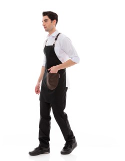 Μαύρη Ποδιά Unisex Barista Στηθούρι - Από Καμβά Ύφασμα & Καφέ Στρογγυλή Vegan Leather Τσέπη