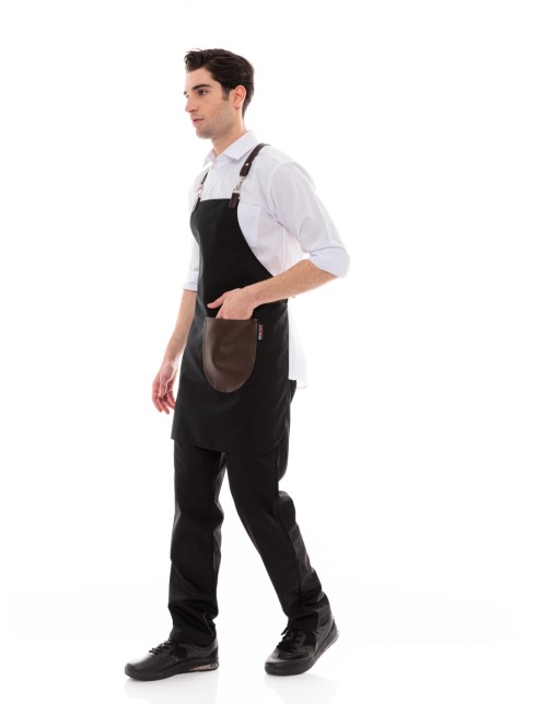 Μαύρη Ποδιά Unisex Barista Στηθούρι - Από Καμβά Ύφασμα & Καφέ Στρογγυλή Vegan Leather Τσέπη