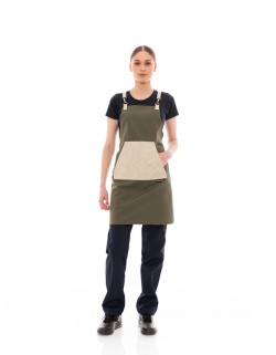 Χακί Ποδιά Unisex Barista Στηθούρι - Από Καμβά Ύφασμα & Μπεζ Μάρσιπο Vegan Leather Τσέπη